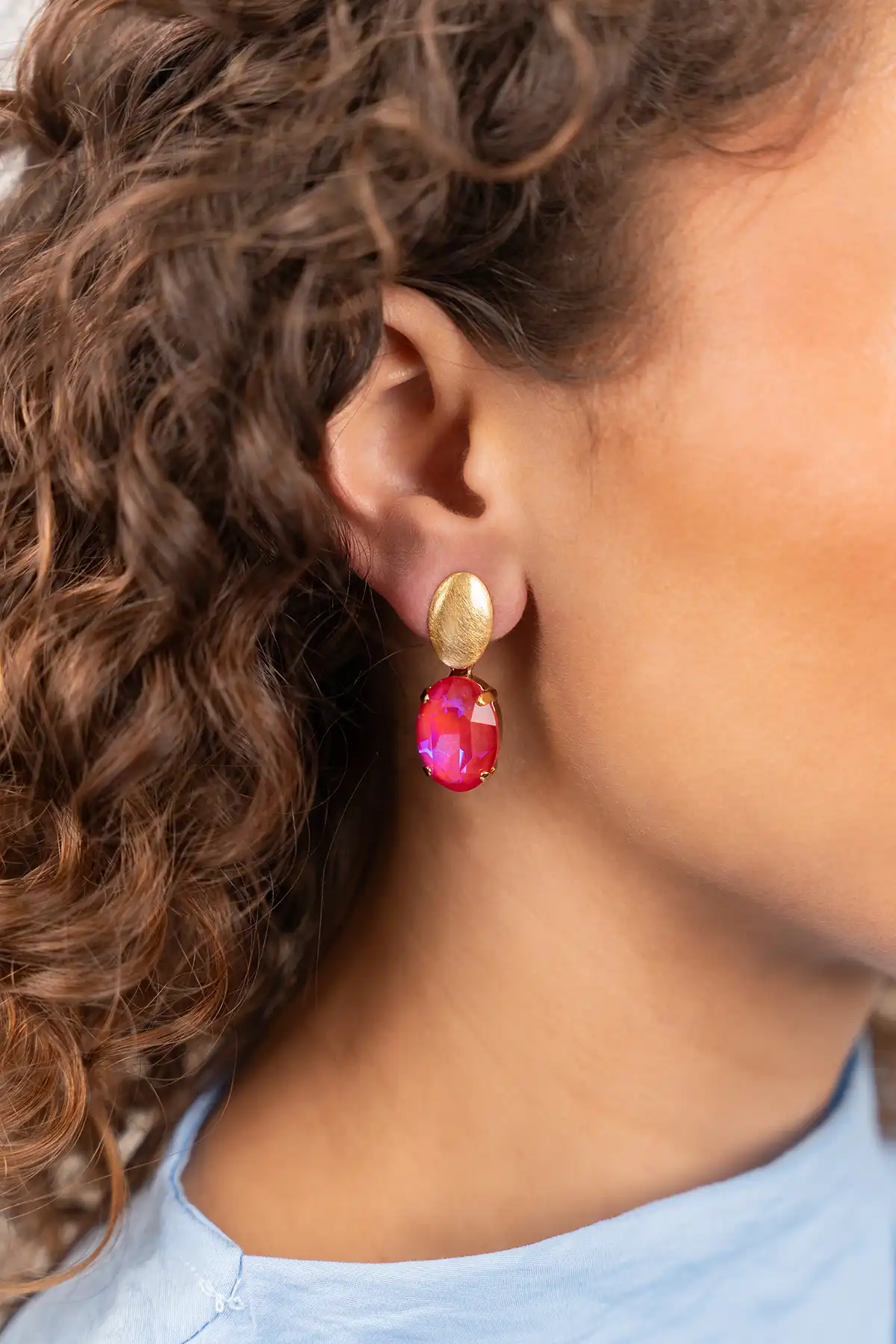 Oval Strass Pendant M Fuchsia