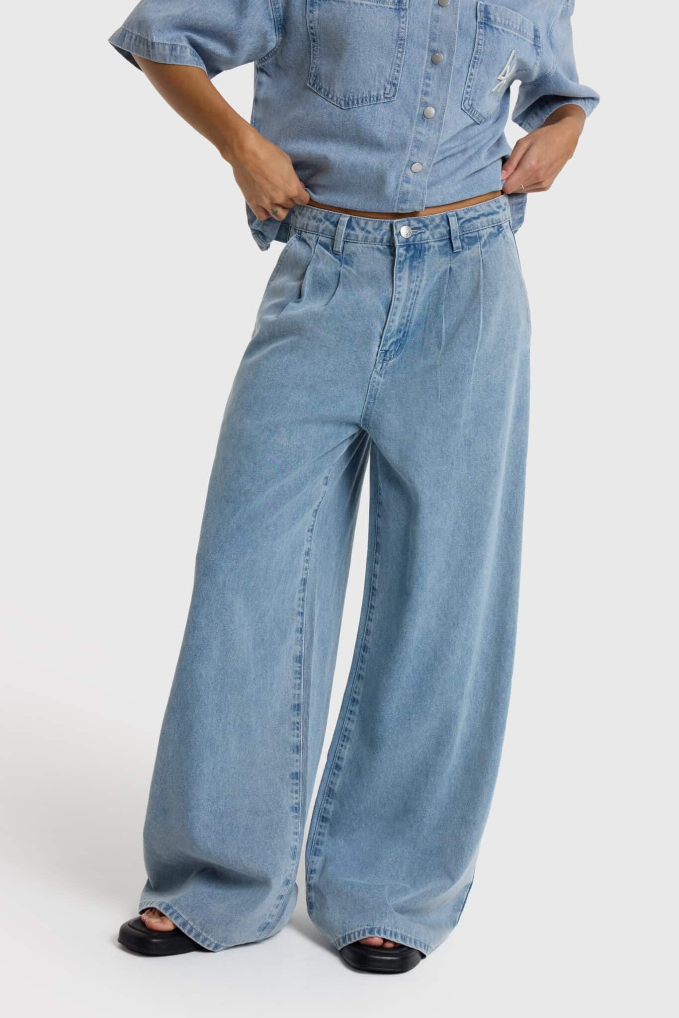 Woven denim wide pants